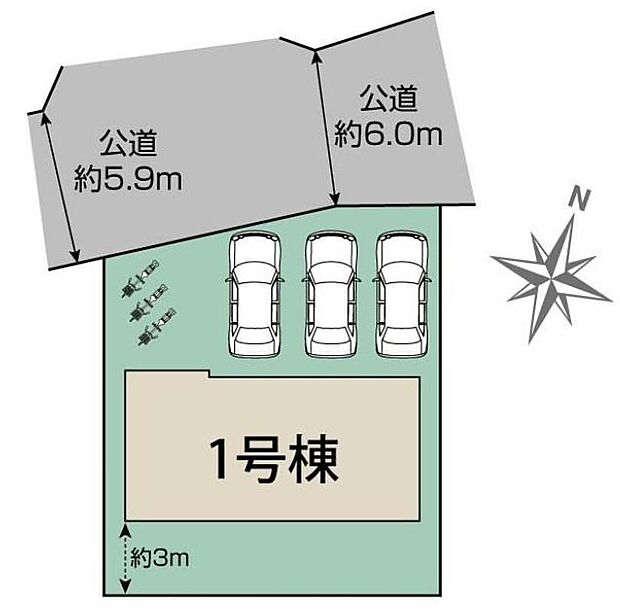 【全体区画図】敷地面積50坪以上で広々♪閑静な住宅地☆駐車スペースは3台分ございますので、駐輪場や来客スペースとしてもご利用できます♪