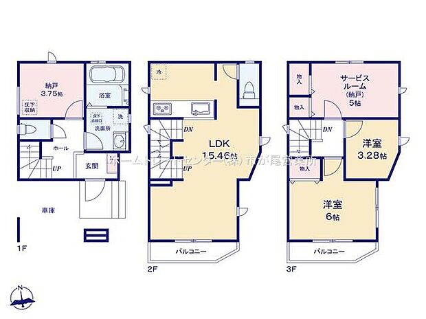 【2LDK+2S】ビルトインガレージ付☆
玄関近くの洗面所で帰宅後すぐに手が洗えます☆
LDKは１５．４６帖、人気の対面式キッチン採用！
２・３階にバルコニー設置☆