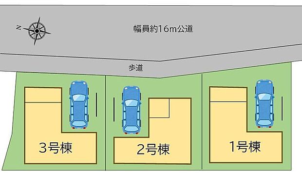 【全体区画図】雨の日でも車の乗り降りに便利なビルトインガレージ☆前面道路は歩道が整備されており、小さなお子様を持つご家庭にも安心です。