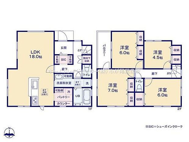 【4LDK】玄関シューズインクローゼット＆パントリー有☆
LDKは広々１８帖、人気の対面式キッチン採用♪
水回りを集約した機能的な家事動線☆
全居室に収納完備しております！