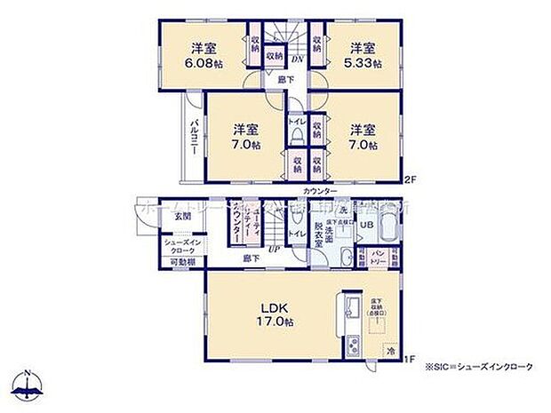 【4LDK】玄関シューズインクローク＆ユーティリティ＆パントリー有☆
LDKは広々１７帖、人気の対面式キッチン採用♪
水回りを集約した機能的な家事動線☆
全居室２面採光＆収納完備！