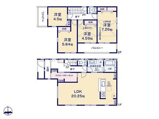 【4LDK】ファミリークローゼット付☆
LDKは広々２０．２５帖、人気のアイランド風キッチン採用！
水廻りを集約させた機能的な家事動線☆
全居室南向き＆収納完備！ロフト付！
２部屋より出入り可能、ワイドバルコニー♪