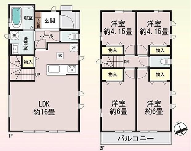 【4LDK】玄関近くに洗面所、帰宅後すぐに手が洗えます♪
LDKは１６帖、人気の対面式キッチン＆リビングイン階段！
全居室２面採光＆収納完備！
２部屋より出入り可能、ワイドバルコニー☆
