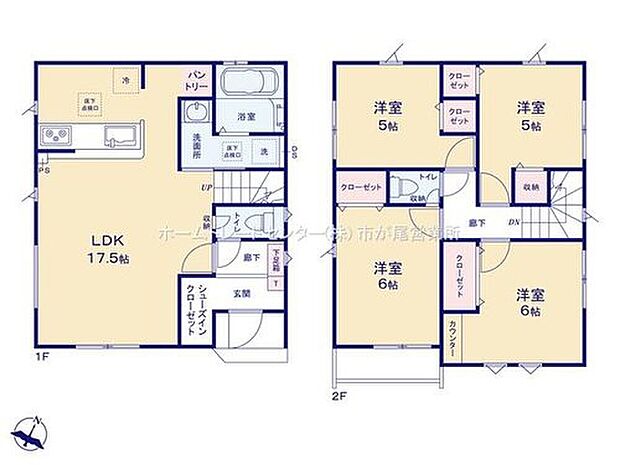 【4LDK】玄関シューズインクロークやパントリー付！
LDKは広々１７．５帖、人気の対面式キッチン＆リビングイン階段♪
水回りを集約させた、効率的な家事動線☆
全居室２面採光＆収納完備♪
南向きバルコニー☆