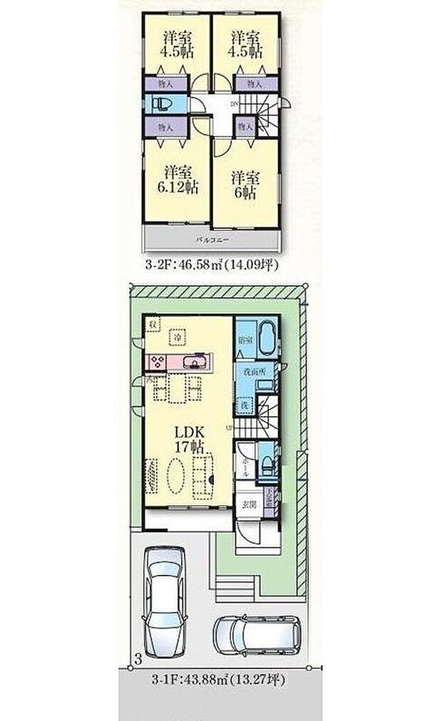 【4LDK】LDKはゆとりの１７帖、人気の対面式キッチン＆リビングイン階段！
水回りを集約させた、効率的な家事動線☆
全居室２面採光＆収納完備☆
２部屋より出入り可能、ワイドバルコニー♪