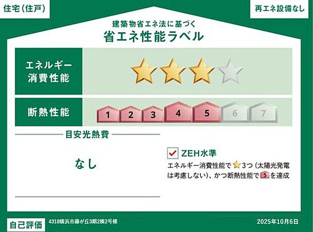 【省エネ性能ラベル】こちらの物件はZEH水準を満たした、省エネ性能に優れた物件です。光熱費を抑えて暮らすことができるだけでなく、「熱の入りにくさ・逃げにくさ」という観点でも影響を受けにくい建物のため、長く快適にお過ごしいただけます♪