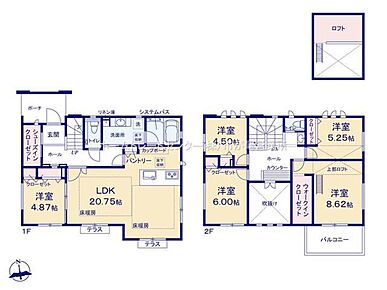玄関シューズインクローゼット付！
LDKは広々２０．７５帖、人気の対面式キッチン採用☆
全居室２面採光＆収納完備！ロフト＆ウォークインクローゼット有！
南向きバルコニー☆ 