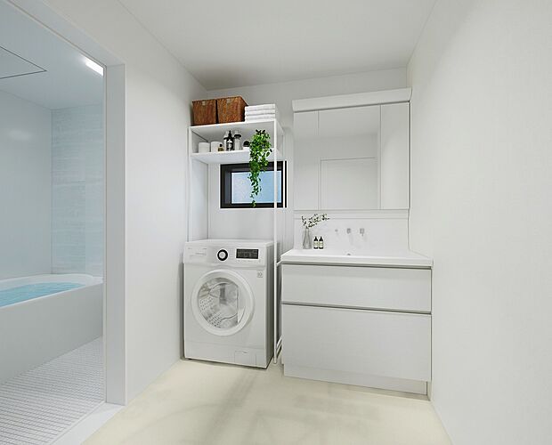 洗面脱衣室（イメージ画像）人造大理石　ボウル一体型カウンターなのでお掃除もラクラク。三面鏡で収納も抜群。※イメージの為実際と異なる場合があります。