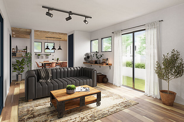 【LDK（イメージ画像）】キッチンを折り下げ天井にして、クロスを変えることで空間にアクセントをとりいれました。※イメージの為実際と異なる場合があります。号棟により異なります。