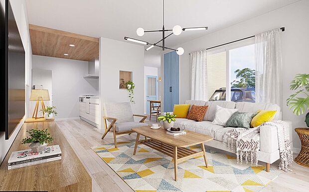 【LDK（イメージ画像）】リビングとダイニングの配置がしやすいつくり。キッチンの上部を折り下げ天井にすることでリビング全体のアクセントになります♪※イメージのため実際と異なる場合があります。