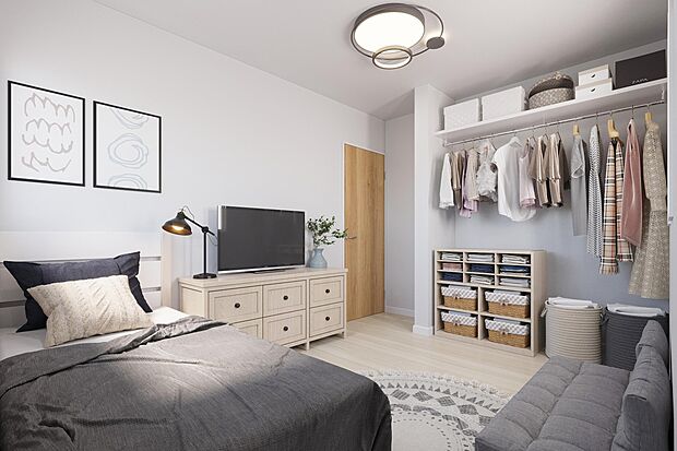 【洋室(イメージパース)】部屋にオープン収納を設け収納も魅せるインテリアのひとつに。こだわりの自分の部屋に仕上げられます。※イメージの為実際と異なる場合があります。号棟により異なります。