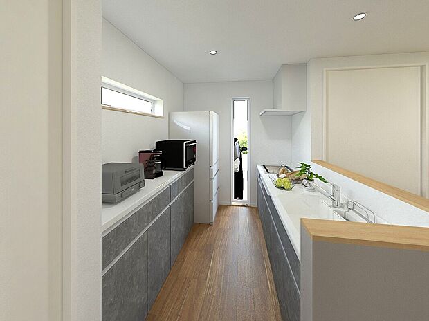 【【イメージパース】】キッチン背面のカップボードは収納力も抜群!食器はもちろん、調味料や食材のストックなどを収納しておくことができます。