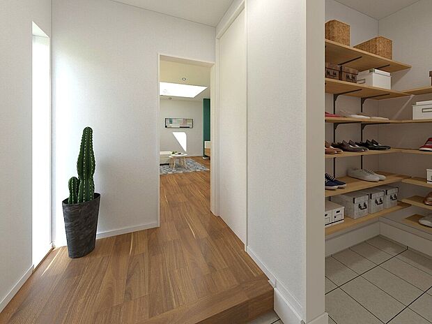 【【イメージパース】】玄関には大容量のシューズクローク。家族みんなのモノがしっかり収まり、いつでもスッキリとした空間をキープできます。