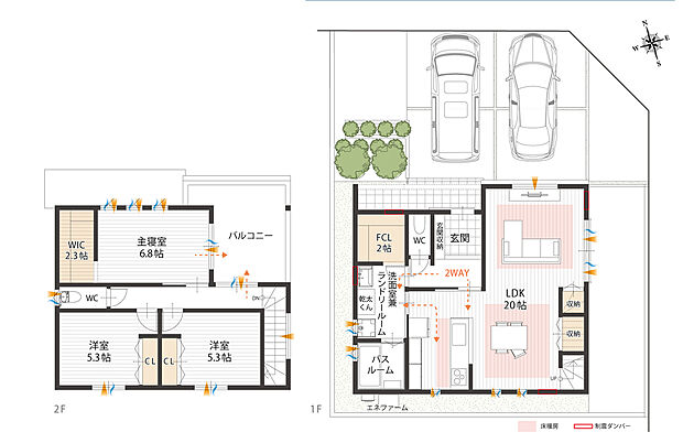 【間取図/A号地モデルハウス】ゆとりあるLDKや家事ラク、充実の収納スペースなど、暮らし良さへのこだわりが随所に。2階バルコニーは主寝室、ホールからアプローチができ、物干しの際の動線もスムーズです。