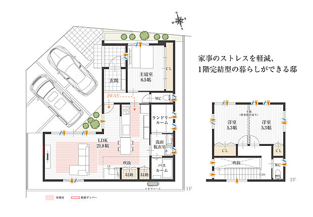 【間取り図/H号地モデルハウス】
ワンフロアで暮らしやすい間取りで、生活動線良好です。玄関からキッチンへもアクセスできる2ウェイ動線で、お買い物後のお荷物をさっと運び入れられます。