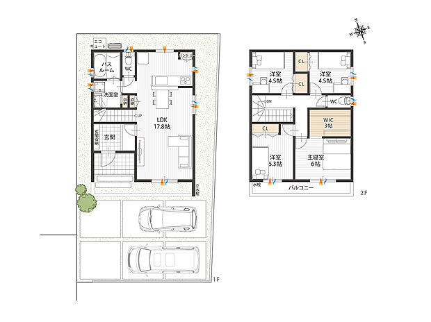 【間取図/D号地】キッチン越しに会話が弾む2階建×4LDKプラン。南向きバルコニーが2居室に面しており、晴れた日は洗濯物や布団を気持ちよく干せます。バルコニーに水栓付きで日々の掃除にも便利です。