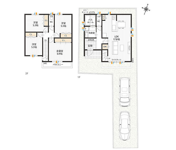【4LDK+パントリー】◎玄関から洗面室へ直行でき、帰宅時に手洗いを済ませてからリビングへ向かうことができます。
◎約17.8帖LDKはワイドサッシが南向き。リビング階段や対面キッチンにより自然とコミュニケーションが増える設計です。
◎リビング階段下の収納やパントリーなど、随所に収納を配置。物が増えがちなリビングもスッキリと片付きます。
◎2階4洋室は振り分けタイプ。全室にCL付きです。
◎主寝室は約6.9帖。南バルコニーへ直接出入りいただけます。
◎バルコニーはお掃除の際等に便利な水栓付きです。