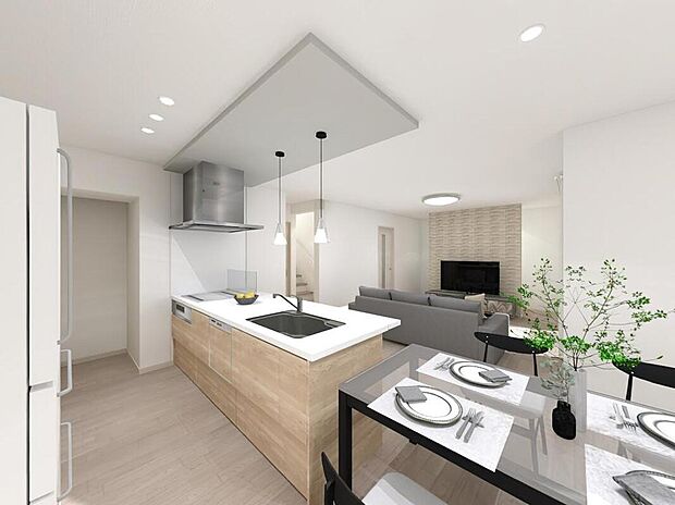 【完成予想図(内観)】No.15　リビング完成イメージ／キッチンからダイニング、リビングを見渡せ、家事をしながらも家族の様子に目が届きます。