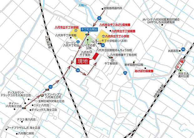 【現地案内図】幼稚園・小・中学校徒歩10分以内!教育施設が充実した環境で子育て世代にうれしい立地です。イオン八代ショッピングセンターも車で約10分なのでお買い物も便利です。