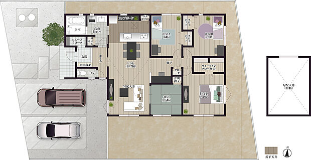 【6号地／平屋建】
リビング上部の勾配天井でさらに広さを感じられる開放感たっぷりの家。各居室のWICやクローゼット、SCL、リネン庫など収納充実の家。