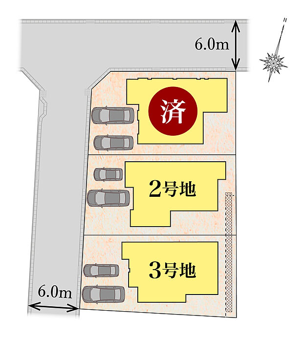 【区画図】
カースペースは安心の2台完備。前面道路幅は約6.0mとお車の出し入れや駐車もスムーズに行える車幅を確保しています。