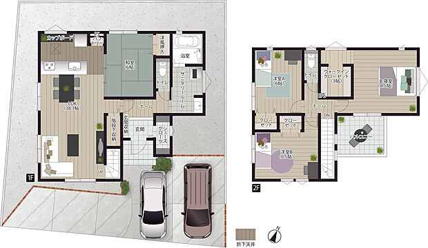 <1号地:3950万円>
平屋みたいな生活が出来る間取りです。
子ども達が成長するまでは1階の洋和室が6帖あるので寝室代わりに。2階は収納とゲストルームとして。