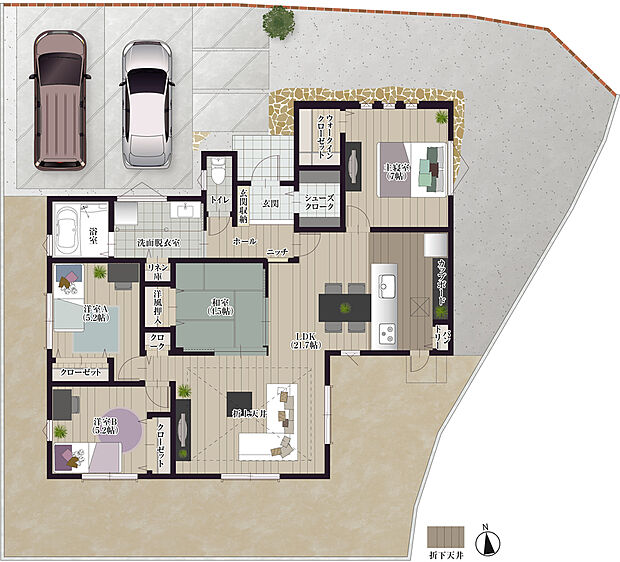 【2号地】
洋和室を開放すると26.2帖の広々空間に！リビングは折上天井が縦の空間を演出、ゆとりある寛ぎ空間を叶えます。また、WICやSCL、リネン庫など、収納スペースもしっかり確保しました！