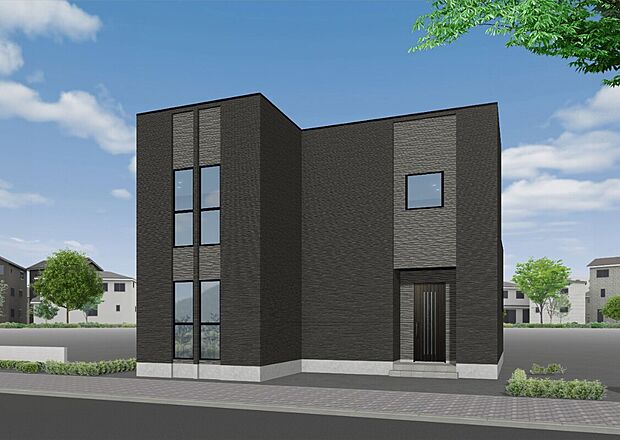 （３号棟）完成予想図タマホームのこだわりが詰まった意匠性のあるシンプルモダンな外観です。広々とした敷地面積ですので、車3台分駐車可能となっています。