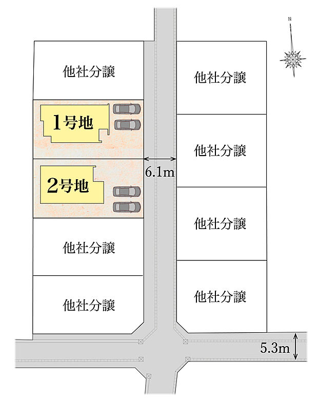 【区画図】
分譲地内の前面道路幅は約6.1mとお車の出し入れや駐車もスムーズに行える車幅を確保しています。カースペースは並列2台完備。65坪超の採光・通風をしっかり確保したゆとりのある区画です。