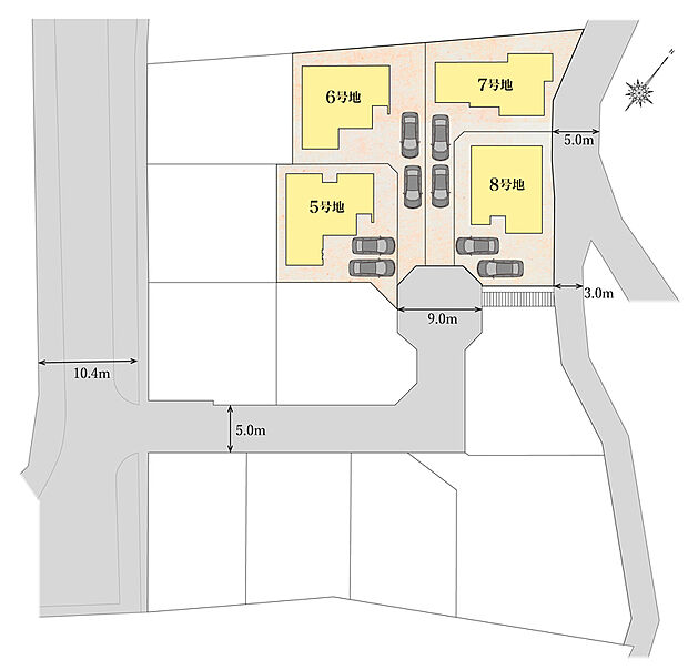 【区画図】
前面道路幅は最大広々約9.0mとお車の出し入れもスムーズに行える車幅を確保しています。全邸、カースペースを2台完備。理想の住まいが叶うプランニングをご案内いたします。