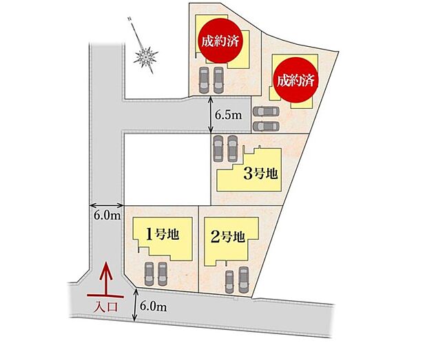 全棟54坪以上の敷地面積に、駐車スペースを並列で2台分確保しました。前面道路が6.0ｍ以上あるので、敷地内の陽当たりや風通しも良好です♪お車の運転も安心の幅員です。