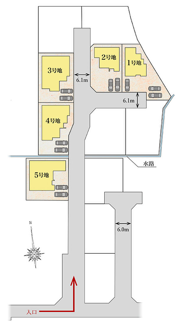 【区画図】
分譲地内の前面道路幅は約6.1mとお車の出し入れや駐車もスムーズに行える車幅を確保しています。カースペースは並列2台完備。60坪超の採光・通風をしっかり確保したゆとりのある区画です。