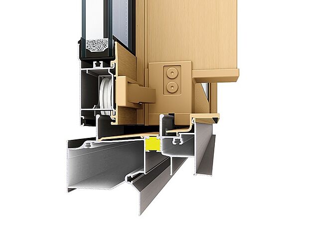 【アルミ樹脂複合サッシ】適切な素材選択で外部の熱を伝えにくいサッシ。室内外を断熱樹脂で分離し、屋外の熱を室内側へ伝えにくくしています。室内側の面はすべて樹脂でカバーし、インテリア性に優れ結露防止にも効果を発揮します。(※概念図)