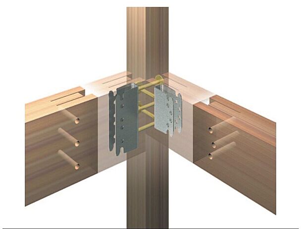 【通し柱】通し柱の削り取り部分を最小限に抑えることで柱の断面欠損が小さくなり、梁仕口のせん断面強度が大きくなります。木材の変形や柱・梁の接合部のずれが小さくなり、しっかりと繊維を固定します。（※構造図）