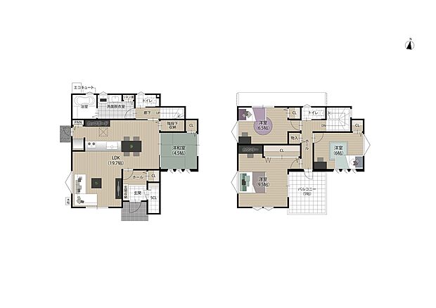 【4LDK】【5号地/ワークスペースのある家】
9.5帖の主寝室にワークスペースを完備したプラン。書斎やテレワークスペースとしてご活用いただけます。