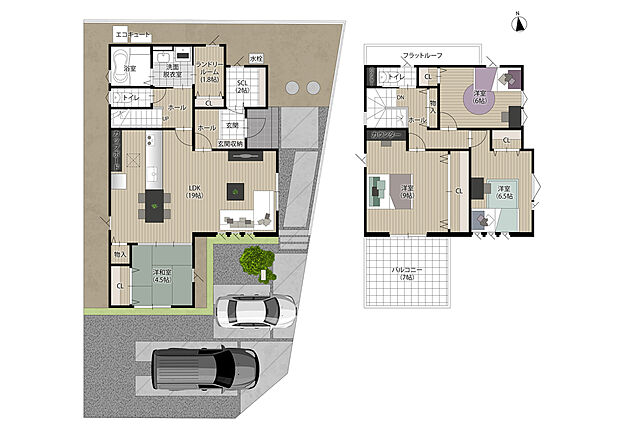 【4LDK】【5号地／ランドリールームのある家】
洗面脱衣室に隣接してランドリールームを設置し、室内物干しやクローゼットを備えたプラン。天候や、時間を気にせず洗濯ができ、洗濯動線がスムーズです。