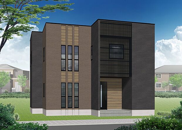 【【完成予想図（7号地）】】縦長の窓・ダークカラーの外壁・キューブ型の外観は、スタイリッシュな印象を与え、個性と存在感を醸し出すデザインです。大きい窓にはシャッターがついているため、防犯・防災面も安心。