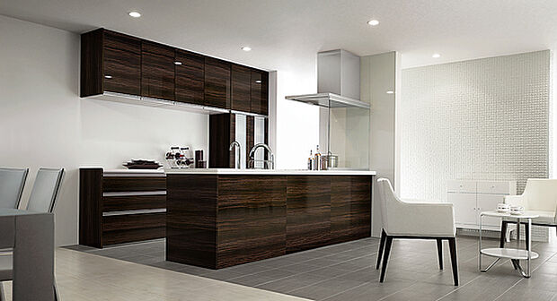 【ペニンシュラキッチン】ペニンシュラ型のキッチンを採用。対面のカウンターとしても使える広い天板は、お料理の際にも広々使えるキッチンです。