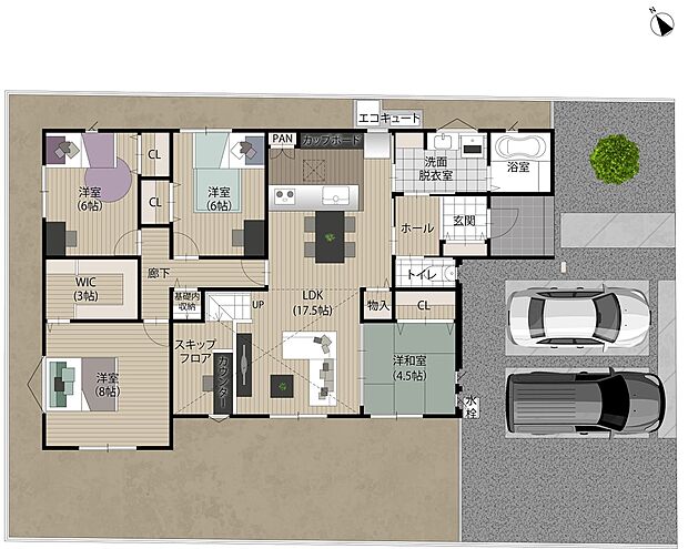 【4LDK】【4号地/スキップフロアのある家】
人気のスキップフロア採用プラン。お子様の小部屋など多様な使い方ができます。お料理しながらもお部屋全体を見渡すことができるため、小さなお子様がいるご家庭も安心です。