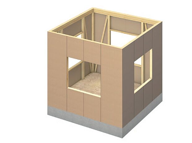 【耐力面材】壁に構造用耐力面材を用いることで、「面」で横からの力を受け止め、建物にかかる負担を分散させます。筋交をバランスよく配置し、接合性能と強度の高い構造用体力面材を、土台や柱、梁へ直接張ることにより、地震や暴風に対する強度がアップ。四方を囲む体力面材によって、外部からの力を建物全体へ分散させ、高い耐震性を確保します。