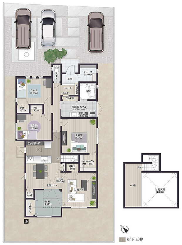 【4LDK】【2号地】
収納スペースをたっぷり確保したプラン！リビング上部にロフトを設置しました。季節物の荷物や家電などの収納に便利です。また、WICや階段下の基礎内収納、リネン庫など、豊富な収納スペースを完備。