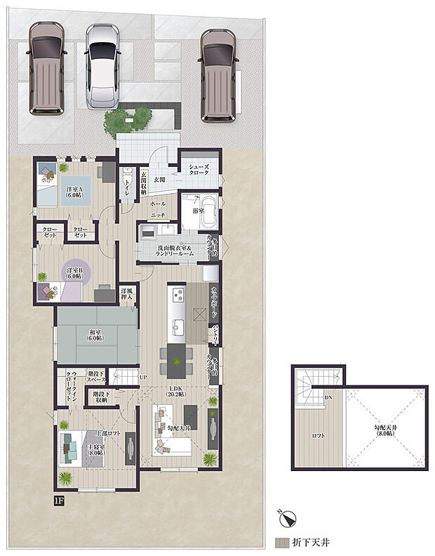 【4LDK】【3号地】
ゆとりある玄関には大容量のシューズクロークがあります。ベビーカーなども一緒に収納可能。ロフトを設置することで、収納スペースをたっぷり確保。階段下収納など工夫を凝らした設計です。