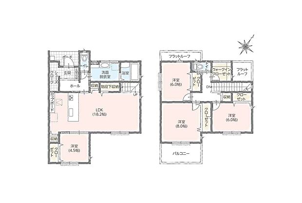 【4LDK】玄関から直行できる洗面所は広々3帖
階段下収納・シューズクローク・家族用ウォークインクローゼットと充実の収納量の間取