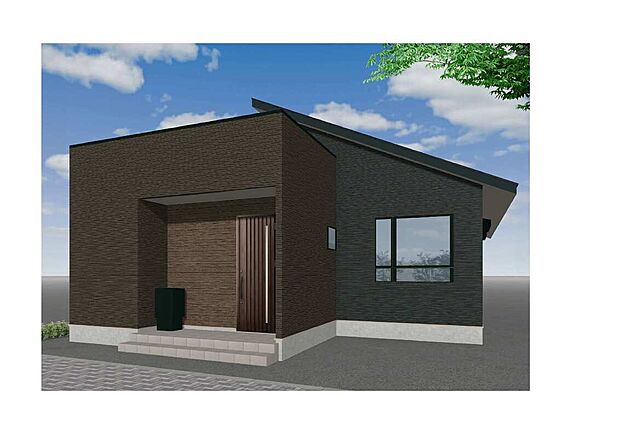 【2号地外観】2色のブラウンが柔らかな印象の外観は、年齢問わずに親しまれるシンプルなデザインです。スタイリッシュな片流れ屋根が印象的。宅配ボックスを備えてますので、不在時の荷物受け取りにも便利！