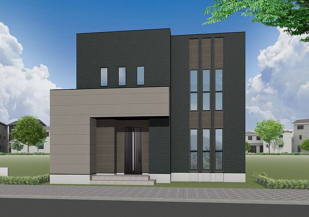 【タマタウン八町牟田II　2号地】ブラックとグレーのツートンカラーが落ち着いた雰囲気を演出。また、南東面に3.75帖のインナーバルコニーを設置しました！暖かな陽射しをたっぷり取り込んだ、家族の寛ぎスペースとして♪

