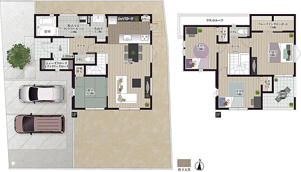 【4LDK】【3号地／2階建】
キッチンから洗面室、脱衣室＆ランドリールームへ一直線に繋がる家事ラク動線の家。室内物干しを設置した脱衣室＆ランドリールームで、雨の日の洗濯物も安心です。
