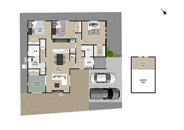 【4LDK】【4号地/ロフトのある平屋住宅】
4.0帖のロフト、WIC、SCLなどのたっぷりの収納スペースを完備♪すっきり収納が叶い、居住スペースを広く使えます。暮らしやすさへの工夫が詰まった住まいです。
