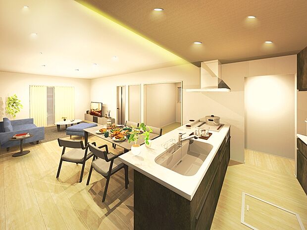 【LDK※イメージパース】<3号地:3080万円>キッチン奥には1帖のパントリー収納付き。ストック類はこちらにスッキリと収納出来ます。