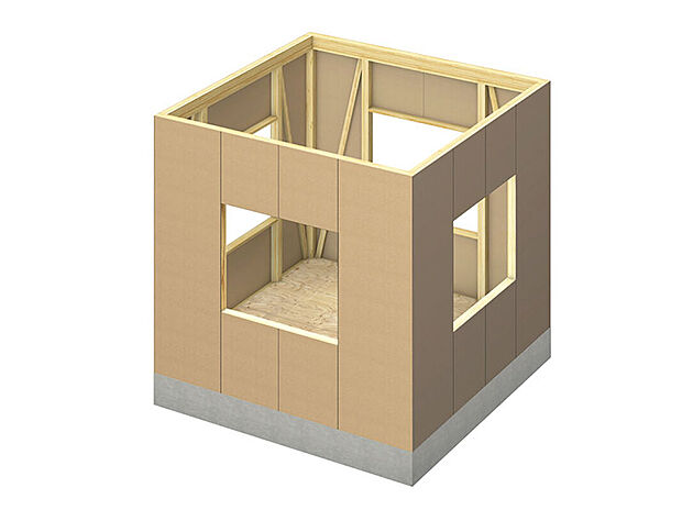【耐力面剤】四方から支え、家全体を一体化する耐力面材。筋交をバランスよく配置し、接合性能と強度の高い構造用耐力面材を土台や柱、梁へ直接張ることにより、地震や暴風に対する強度がアップ。四方を囲む耐力面材によって、外部からの力を建物全体へ分散させ、高い耐震性を確保します。