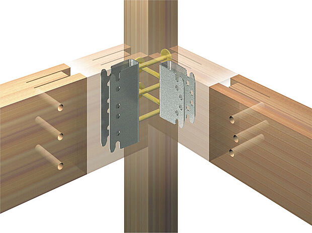 【通し柱】通し柱の削り取り部分を最小限に抑えることで柱の断面欠損が小さくなり、梁仕口のせん断面強度が大きくなります。木材の変形や柱・梁の接合部のずれが小さくなり、しっかりと繊維を固定します。（※構造図）